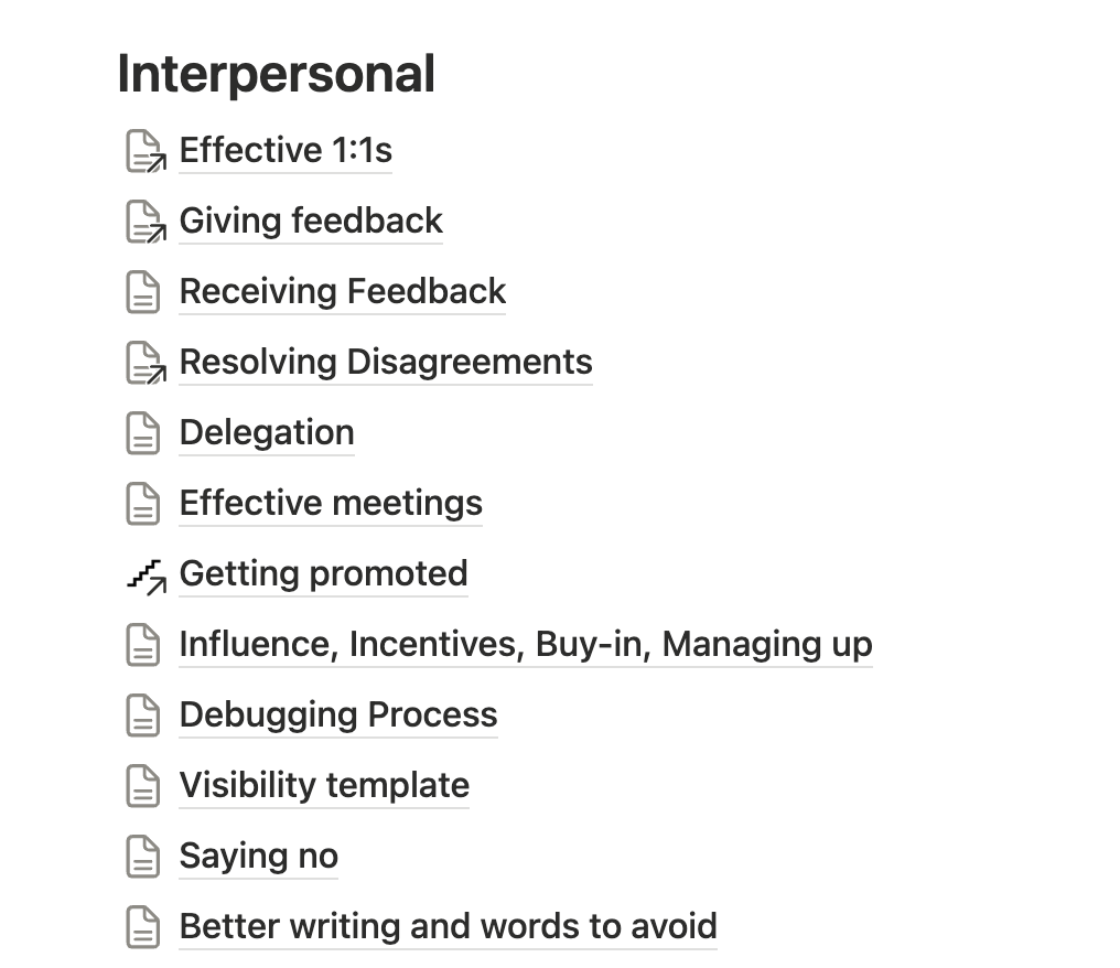 Notion pages of effective 1:1s, giving feedback, resolving conflict, managing up, influence, and more