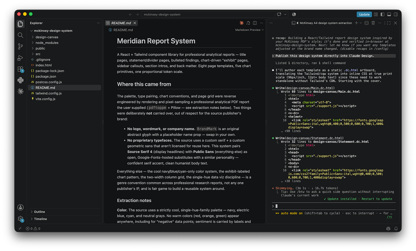 Claude Code in VS Code responding to the instruction "Publish this design system directly into Claude Design" by writing static dot-dc-dot-html artboard files into a design-canvas folder, one per template. Claude Code in VS Code responding to the instruction "Publish this design system directly into Claude Design" by writing static dot-dc-dot-html artboard files into a design-canvas folder, one per template.