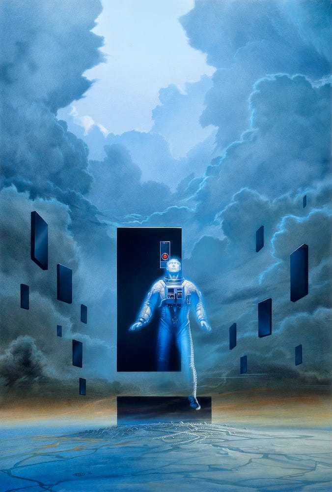 A ghostly man in spacesuit steps through a black obelisk with the recognizable face plate of HAL 9000 over his shoulder. The ground is alien and cracked. The horizon is a violent mix of rust and gray with clouds billowing up to fill the sky. A dozen other obelisks hover nearby.
