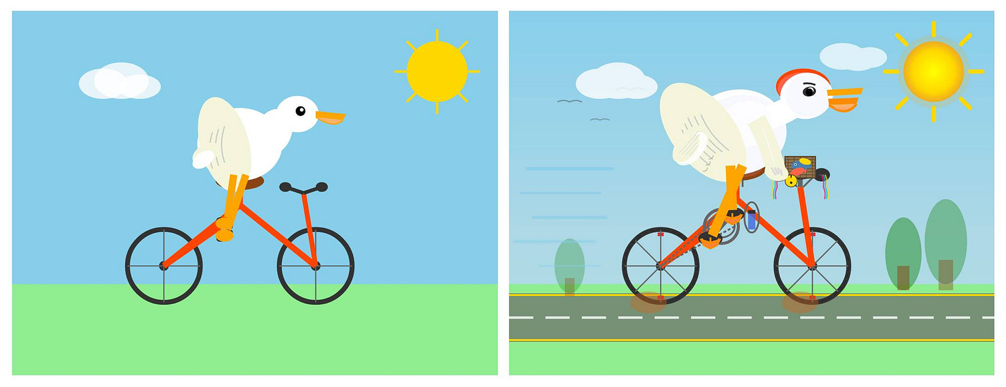 Left is a simple incorrectly shaped bicycle and a not great pelican. On the right the bicycle has more spokes, the background has more details, pedals are now visible, there's a water bottle and the pelican has a basket with some fish. It also has a slightly more clear lower beak and a red line on its head that looks a bit more like a chicken.