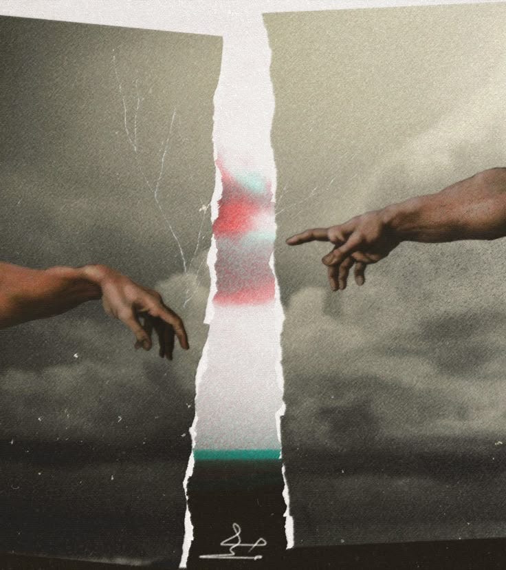 This may contain: two hands reaching out to each other in front of a split screen with the same image This may contain: two hands reaching out to each other in front of a split screen with the same image