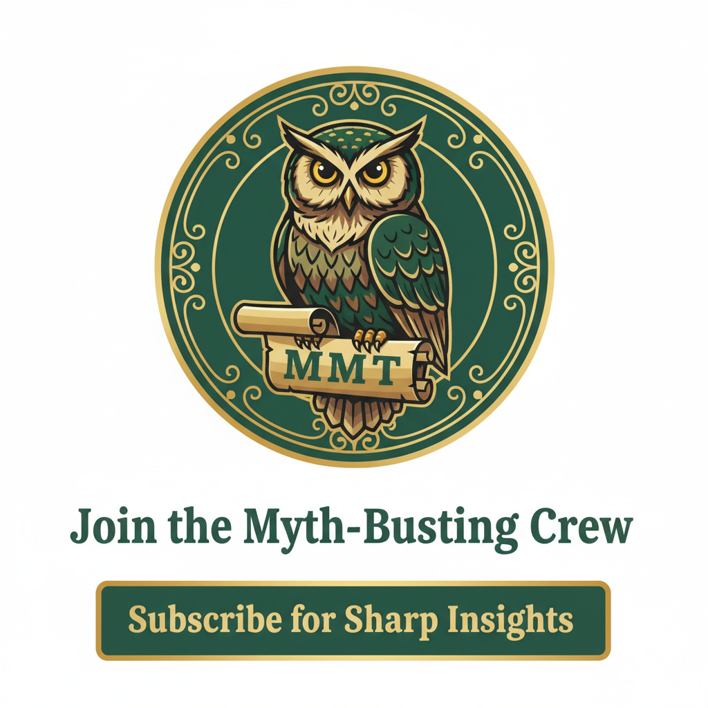 Gold and green MMT Owl badge logo above text "Join the Myth-Busting Crew". Clickable button labelled "Subscribe for Sharp Insights".
