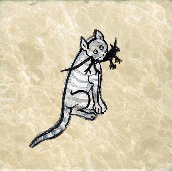 Medieval drawings of a castle, owl, cat and bat