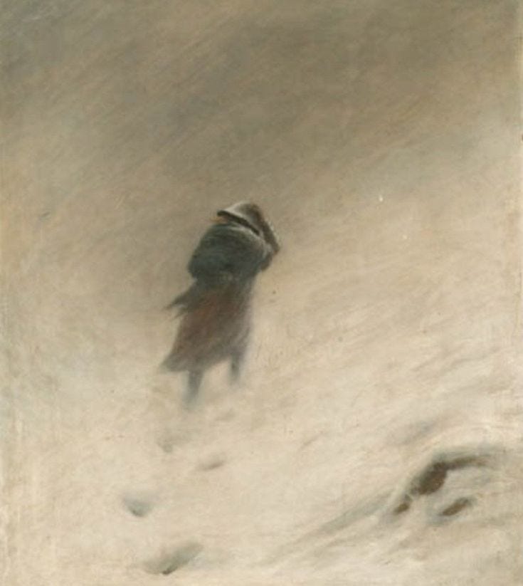 This may contain: a painting of a person walking in the snow This may contain: a painting of a person walking in the snow