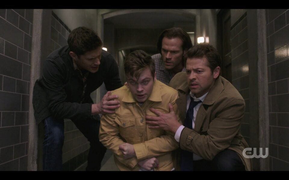 Winchesters and Castiel carry off a collapsed Jack ready to die SPN 1517 Winchesters and Castiel carry off a collapsed Jack ready to die SPN 1517