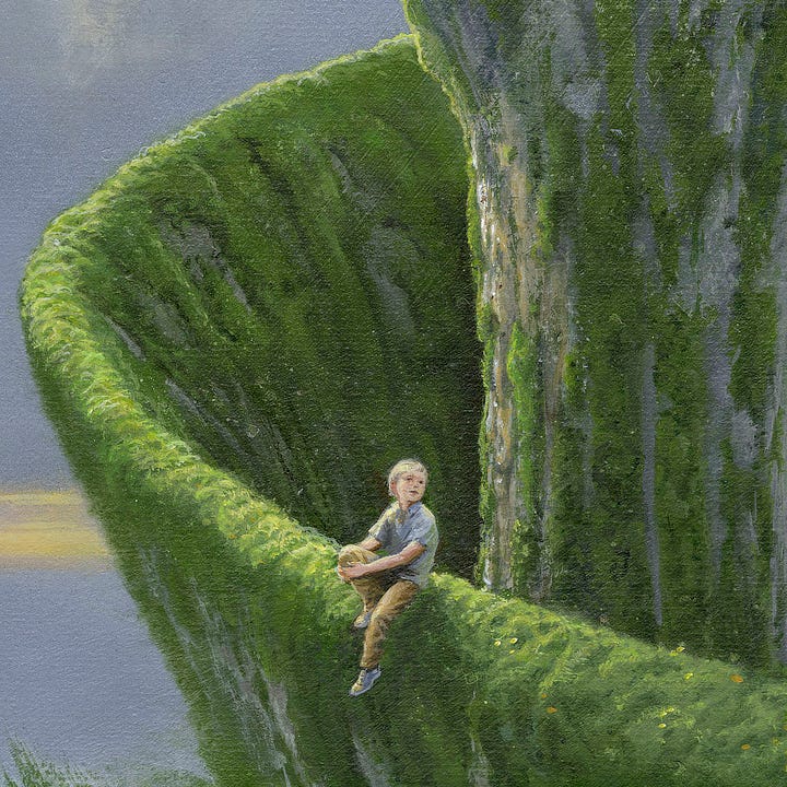 LEFT: Detail from UNWINDING featuring a boy seated at the bottom of a concrete spiral covered in moss. He sits with one knee up braced by his hands wrapping around it.  RIGHT: Pencil sketch of a skull sitting atop the broken trunk of a thin tree. A raven perches on a thin branch crossing in front of the skull.
