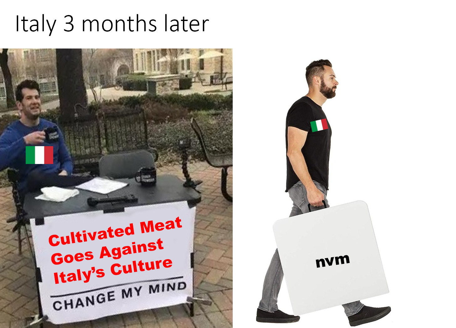 Steven crowder table meme next to a guy with a table walking away.