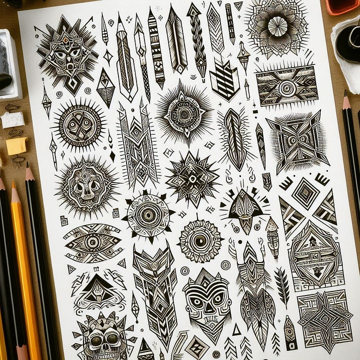 create image of flash paper with numerous tribal and geometric tattoos with no pencils desks or drawing instruments visible