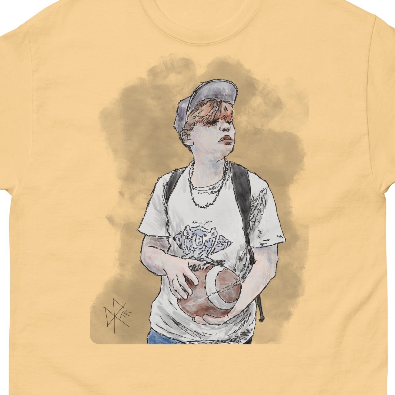 A boy wearing a ball cap and backpack while holding a football in his hands, peering through his orange-dyed bangs. Sketch art by Don Rice. A boy wearing a ball cap and backpack while holding a football in his hands, peering through his orange-dyed bangs. Sketch art by Don Rice.