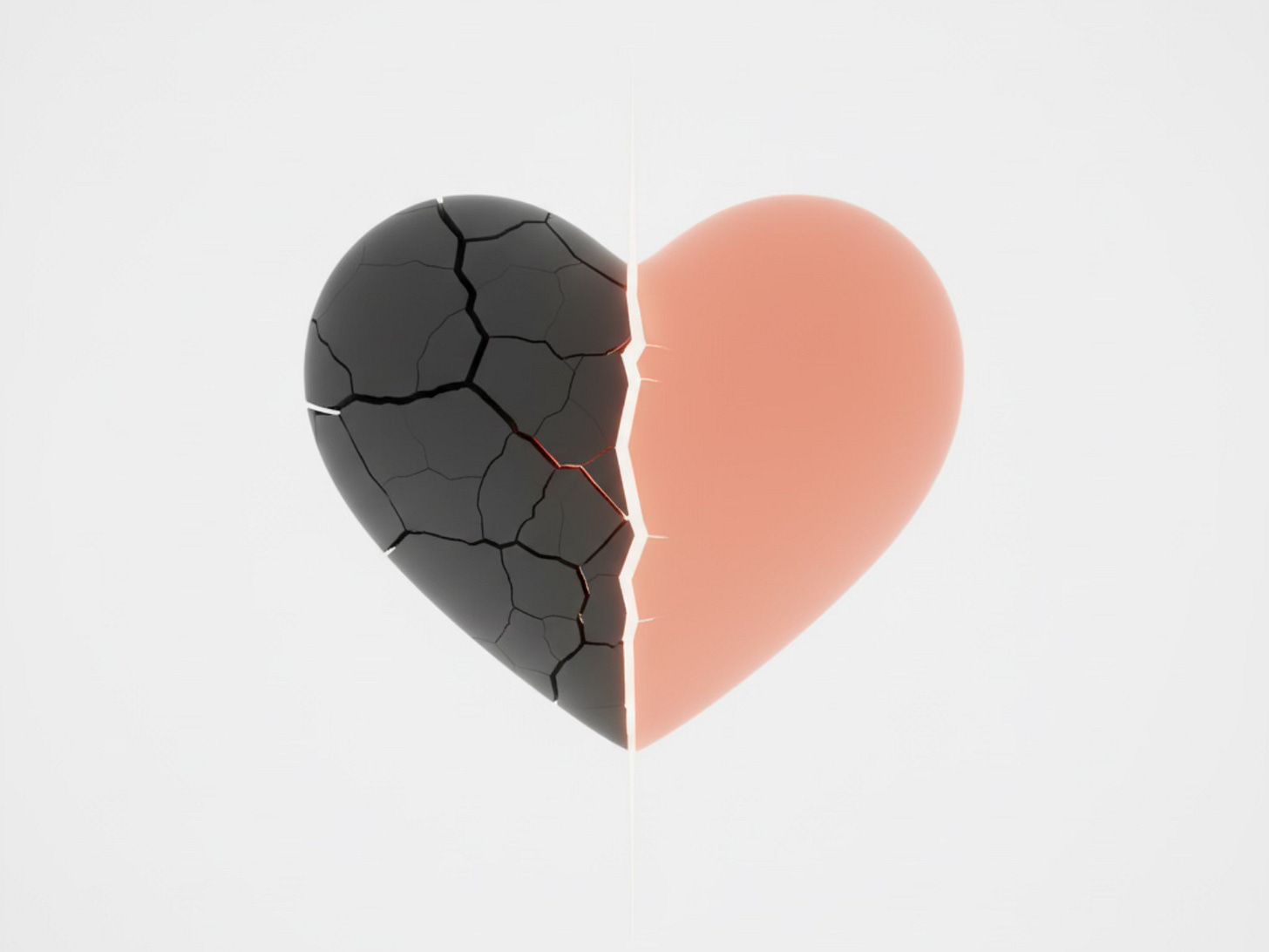Split heart transitioning from broken dark gray to whole coral peach against gradient background, symbolizing the journey from heartbreak to healing and personal transformation