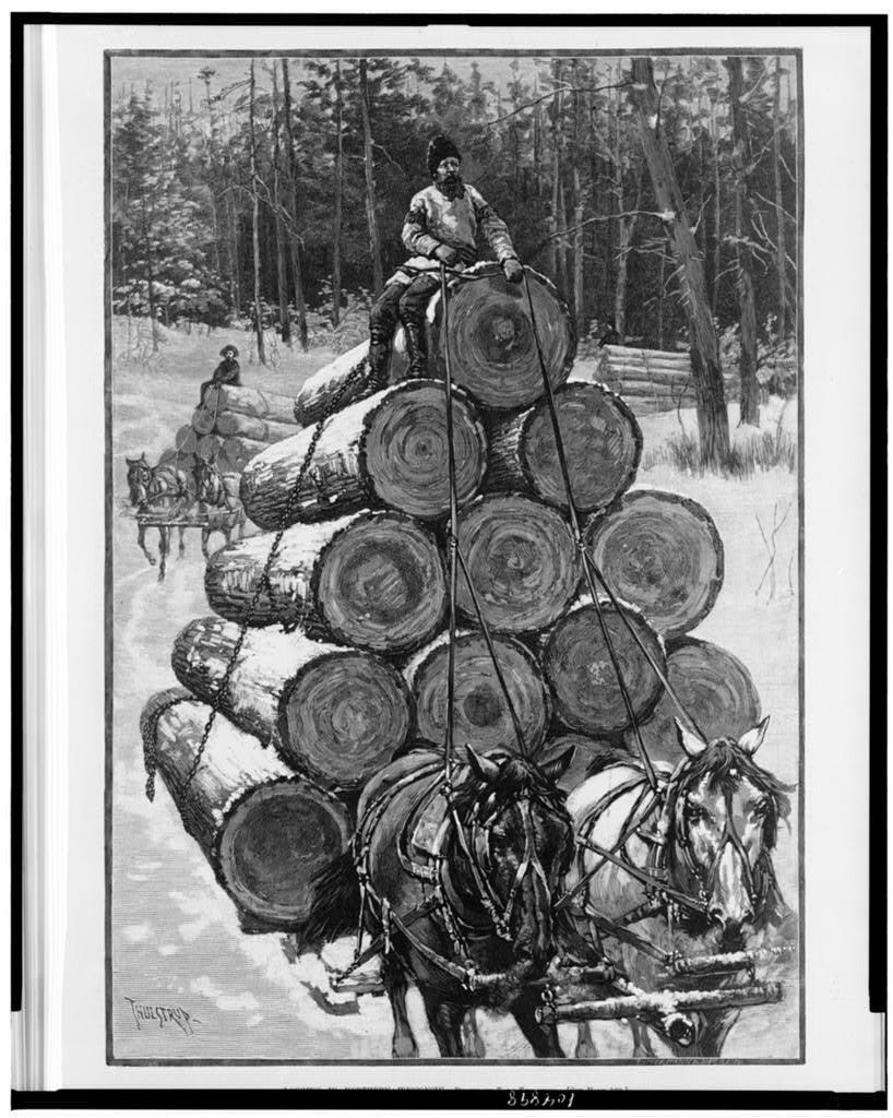 A wood engraving from an 1885 issue of Harper's Weekly titled "Logging in northern Wisconsin." The image depicts a winter scene with a team of horses pulling a massive load of cut logs stacked high on a sled through a snowy landscape.