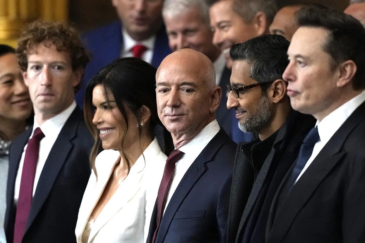 Mark Zuckerberg, Lauren Sanchez, Jeff Bezos, Sundar Pichai and Elon Musk attend the Inauguration of Donald J. Trump in the U.S. Capitol Rotunda on January 20, 2025 in Washington, DC. Donald Trump takes office for his second term as the 47th president of the United States. Mark Zuckerberg, Lauren Sanchez, Jeff Bezos, Sundar Pichai and Elon Musk attend the Inauguration of Donald J. Trump in the U.S. Capitol Rotunda on January 20, 2025 in Washington, DC. Donald Trump takes office for his second term as the 47th president of the United States.