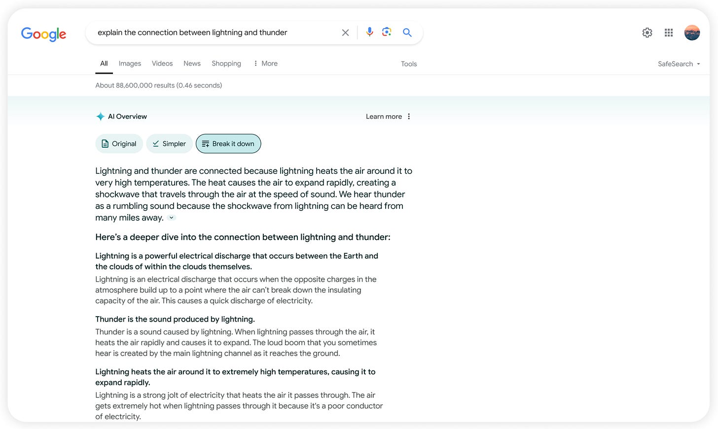 A screenshot of a Google AI overview explaining the difference between thunder and lightning.