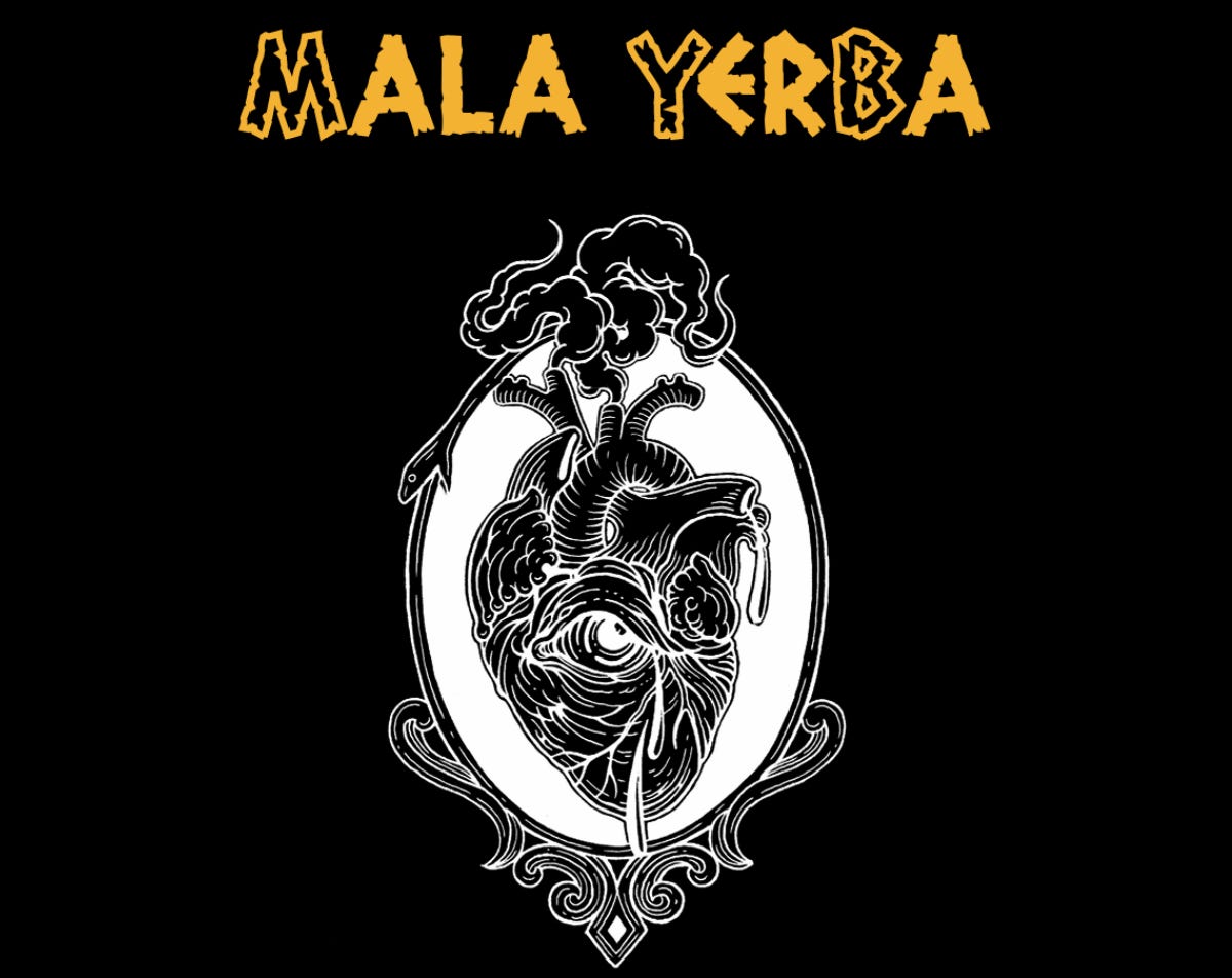 The logo for Mala Yerba, featuring a detailed drawing of a human heart with an eye.