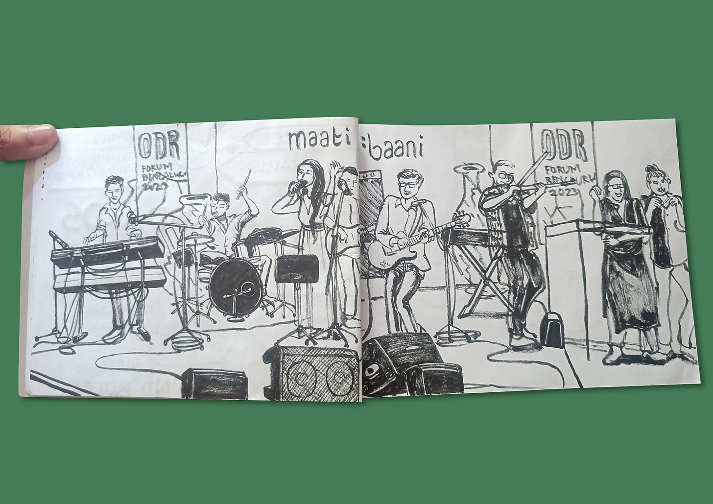 Sketch of a musical band with all their instruments playing on the stage, with two sign language interpreters trying to translate lyrics in real time
