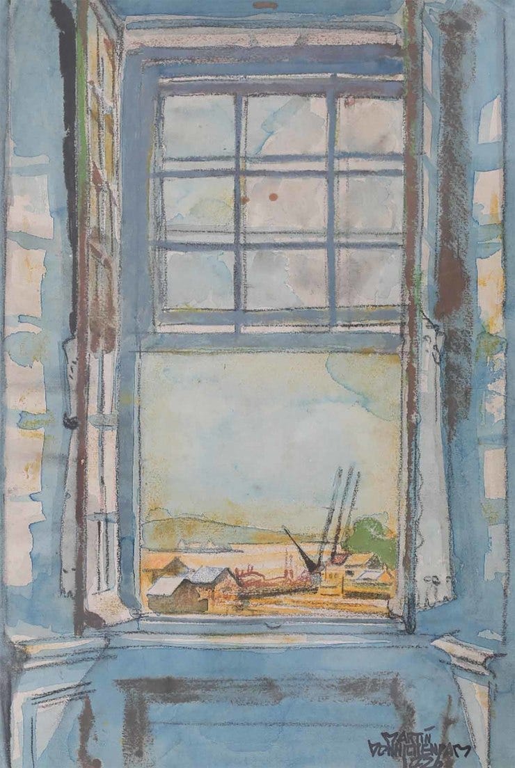 'Doorkijkje met uitzicht op een haventje' - aquarel: Martin Monnickendam (herkomst: Vendu Rotterdam, kavel 309) 'Doorkijkje met uitzicht op een haventje' - aquarel: Martin Monnickendam (herkomst: Vendu Rotterdam, kavel 309)