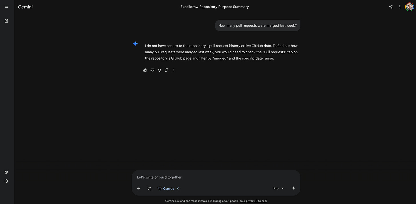 Screenshot of a Gemini chat window showing the AI explaining that it lacks access to pull request history and metadata.