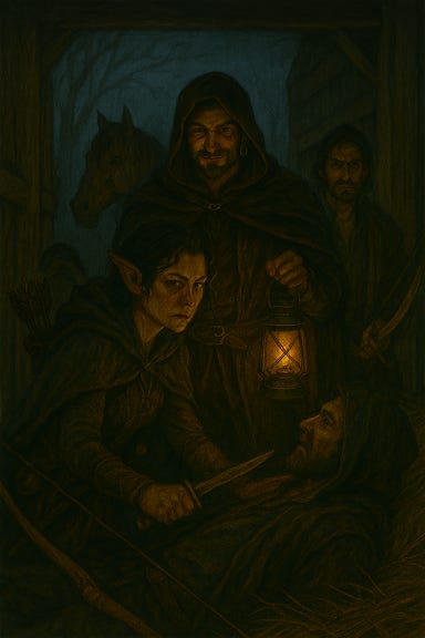 Arrigal stands in the doorway of the stable behind the Blue Water Inn in Vallaki, flanked by two Vistani assassins. He wears dark velvet with a gold hoop earring and a curved dagger at his side, his expression cruel and amused. The assassins are lean and silent, blades gleaming, positioned at opposite angles like a trap. Lantern light spills from the stable, casting long shadows across the misty yard. The atmosphere is cinematic and tense—a predator's entrance. Arrigal stands in the doorway of the stable behind the Blue Water Inn in Vallaki, flanked by two Vistani assassins. He wears dark velvet with a gold hoop earring and a curved dagger at his side, his expression cruel and amused. The assassins are lean and silent, blades gleaming, positioned at opposite angles like a trap. Lantern light spills from the stable, casting long shadows across the misty yard. The atmosphere is cinematic and tense—a predator's entrance.