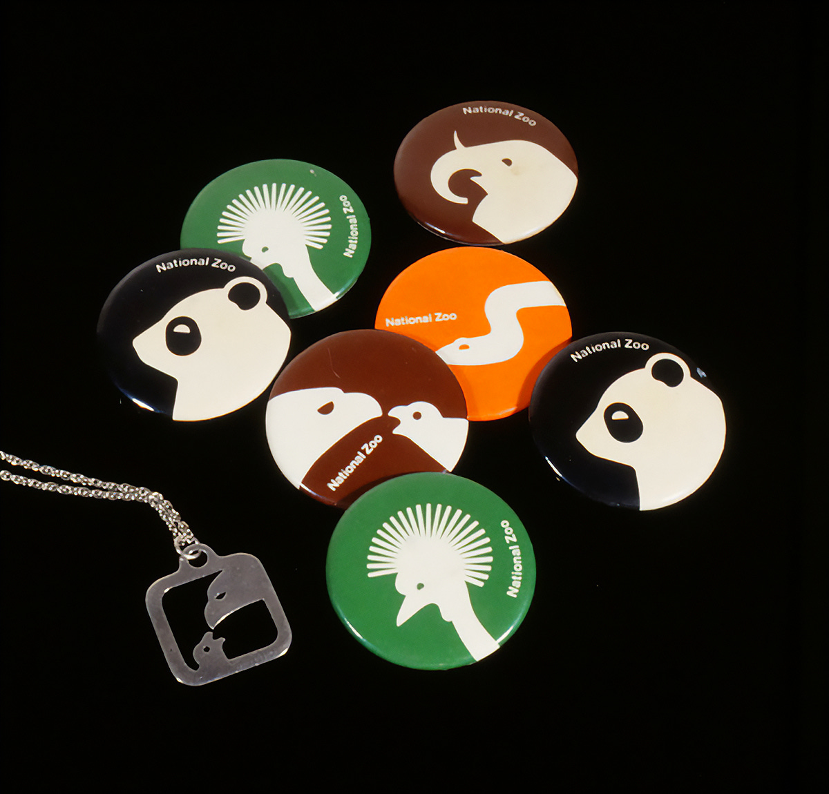Badges depicting animal pictograms designed by Lance Wyman for National Zoo Washington D.C.