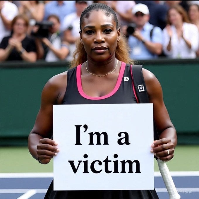 Serena Williams standing on a tennis court holding a sign that reads "I\'m a victim." She is wearing a black and pink sleeveless athletic outfit and has a tennis racket in her right hand. A crowd of spectators is visible in the background. Serena Williams standing on a tennis court holding a sign that reads "I\'m a victim." She is wearing a black and pink sleeveless athletic outfit and has a tennis racket in her right hand. A crowd of spectators is visible in the background.