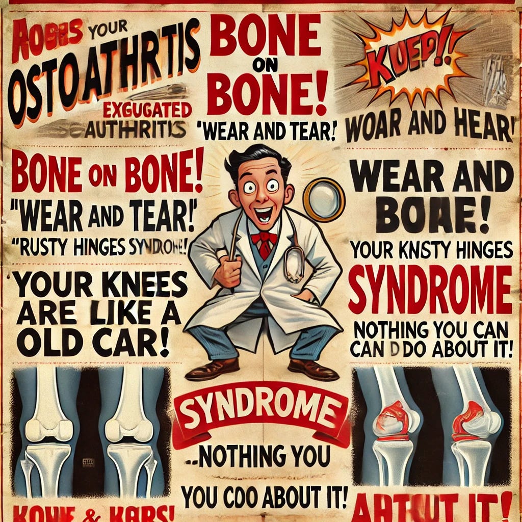 A collection of outdated and exaggerated osteoarthritis-related phrases displayed in a humorous, vintage-style medical chart. Phrases like 'Bone on Bone!', 'Wear and Tear!', 'Your Knees are Like an Old Car!', 'Rusty Hinges Syndrome!', and 'Nothing You Can Do About It!' appear on aged parchment with dramatic red warning labels. In the background, a cartoonish, over-the-top doctor with a magnifying glass is inspecting a knee X-ray, looking overly serious. The style is playful and engaging, with a mix of vintage medical illustrations and modern humor.