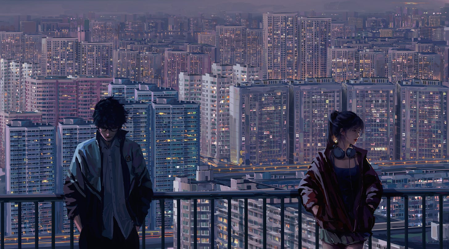 General 8882x4926 WLOP city cityscape building skyscraper digital art artwork illustration daylight couple dark hair women men headphones people anime couple