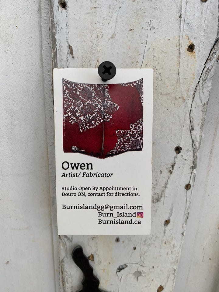 A variety of metal sculptures made from found objects, incorporating rust as a decorative patina.