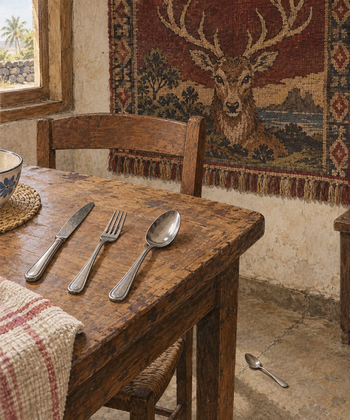 Alt text: A worn wooden table holds a dinner knife, fork and large soup spoon. A small teaspoon lies on the floor below, and a faded woven tapestry of a stag’s head hangs on the wall behind. Alt text: A worn wooden table holds a dinner knife, fork and large soup spoon. A small teaspoon lies on the floor below, and a faded woven tapestry of a stag’s head hangs on the wall behind.