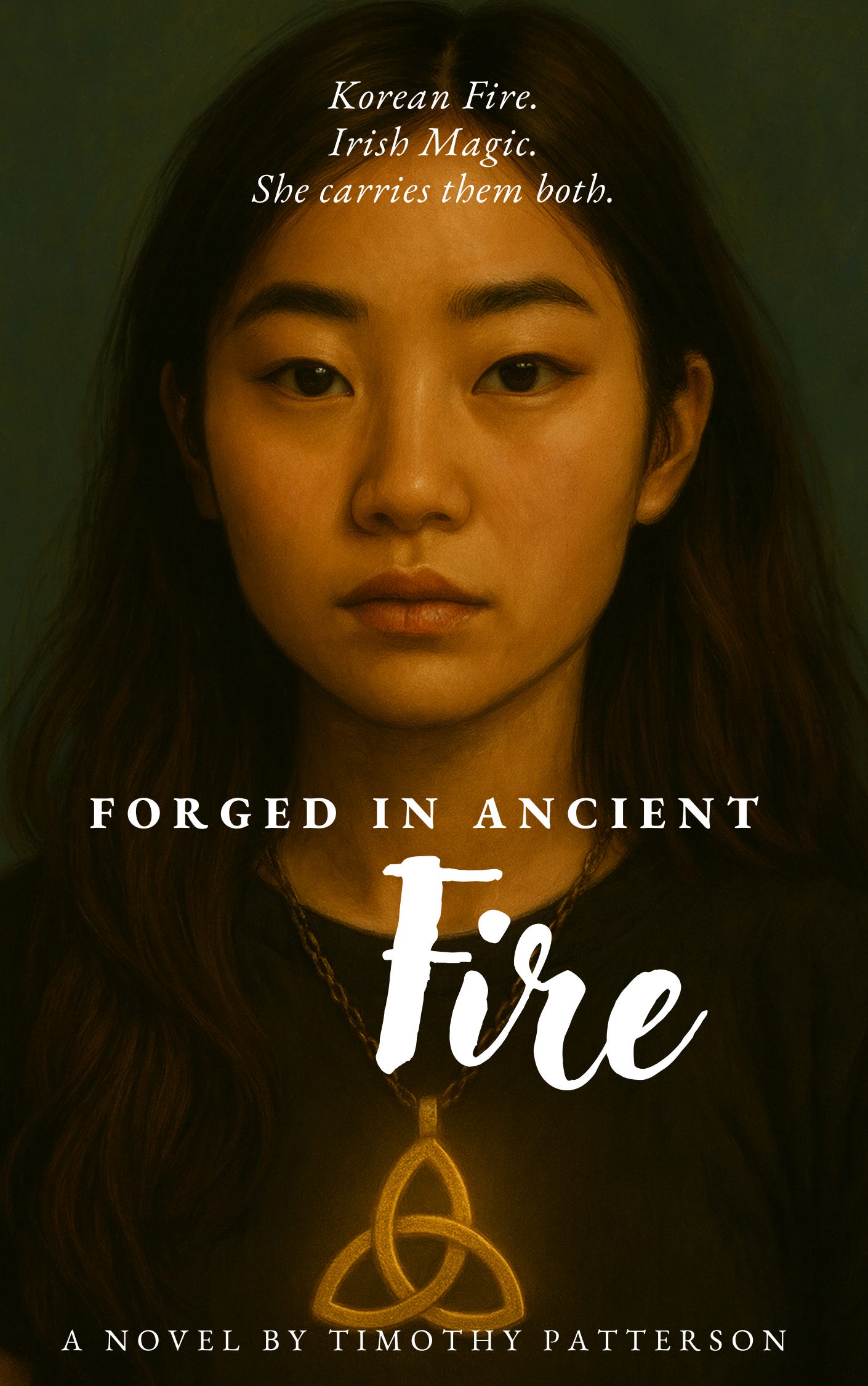 Book cover featuring a young Korean woman with a calm, serious expression, wearing a glowing triquetra pendant; title “Forged in Ancient Fire” appears over the image with the tagline “Korean Fire. Irish Magic. She carries them both.”