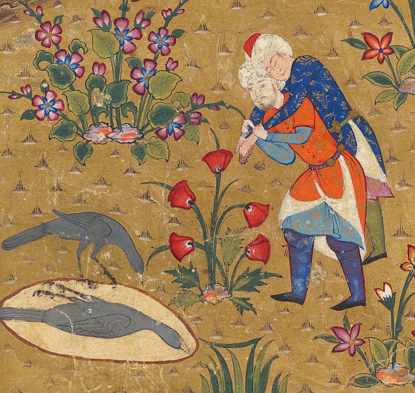 A Persian miniature on a gold ground scattered with red and blue flowers. A man in a turban and orange robe carries another man's limp body on his back and looks down at two black crows, one standing beside the other, which lies in a small oval grave dug in the ground.
