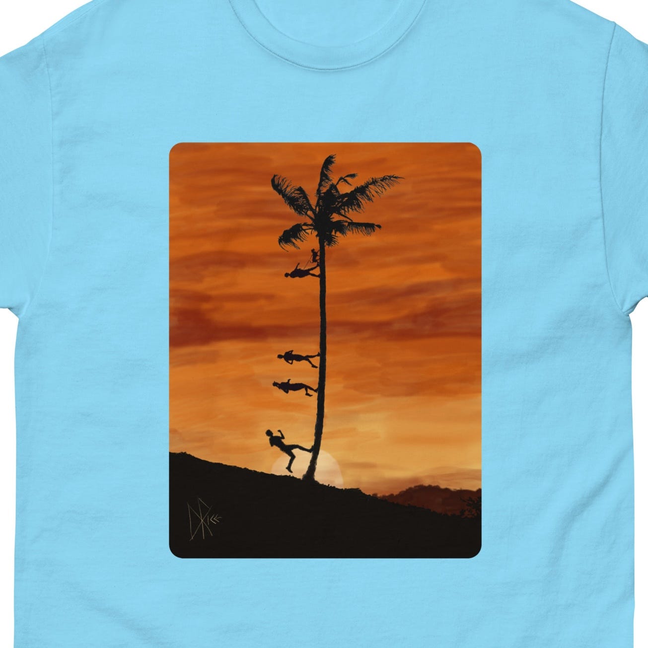 Running up that tree, as the sun sets. Surreal digital drawing of a sunset, silhouetting a palm tree and humans running or walking up its trunk. Sketch art by Don Rice.