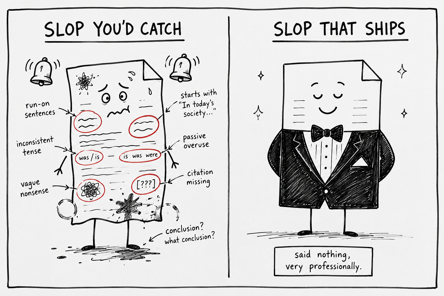 Two-panel illustration comparing "Slop You'd Catch" (a distressed document circled with errors, alarm bells, and labels including "vague nonsense" and "run-on sentences") with "Slop That Ships" (a confident, polished document in a tuxedo, captioned "said nothing, very professionally"). Illustrates thought leaderslop: AI-polished content that clears every surface check while stripping authentic voice and original insight. AI writing quality, thought leaderslop, AI content voice.