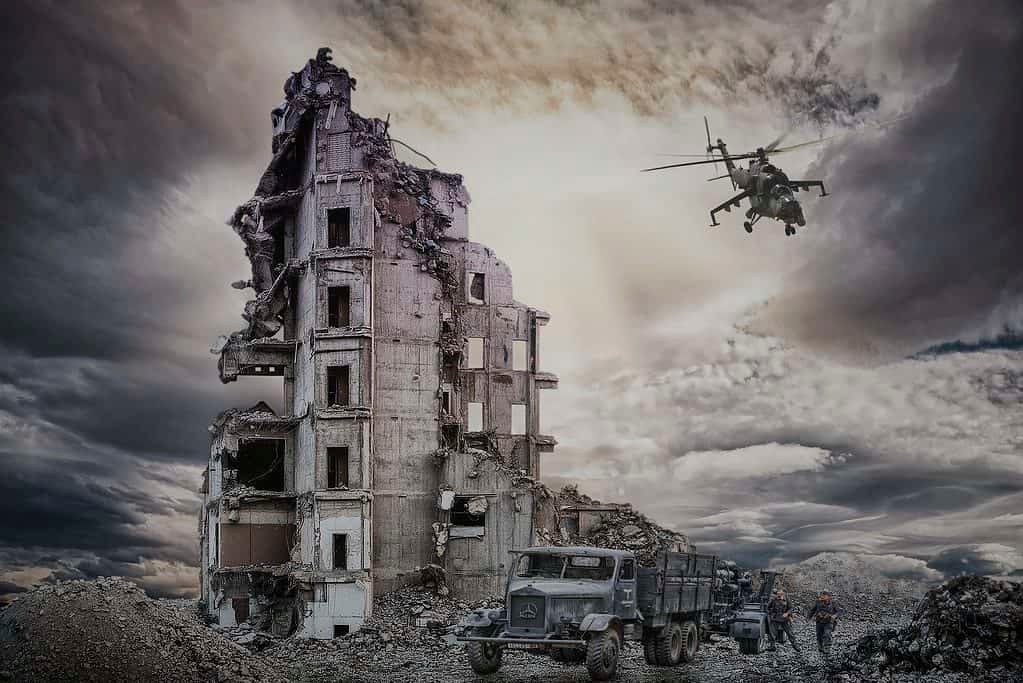 Ruins, destruction, war and soldiers