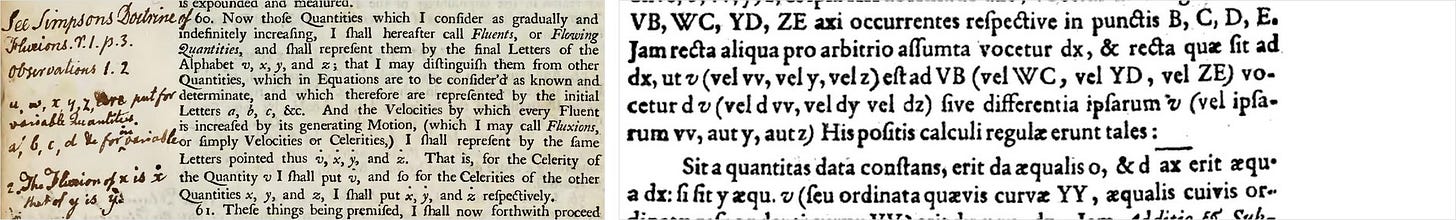 Newton's pointed fluxion letters in the 1736 Method of Fluxions beside Leibniz's dx and dy notation in the 1684 Nova Methodus