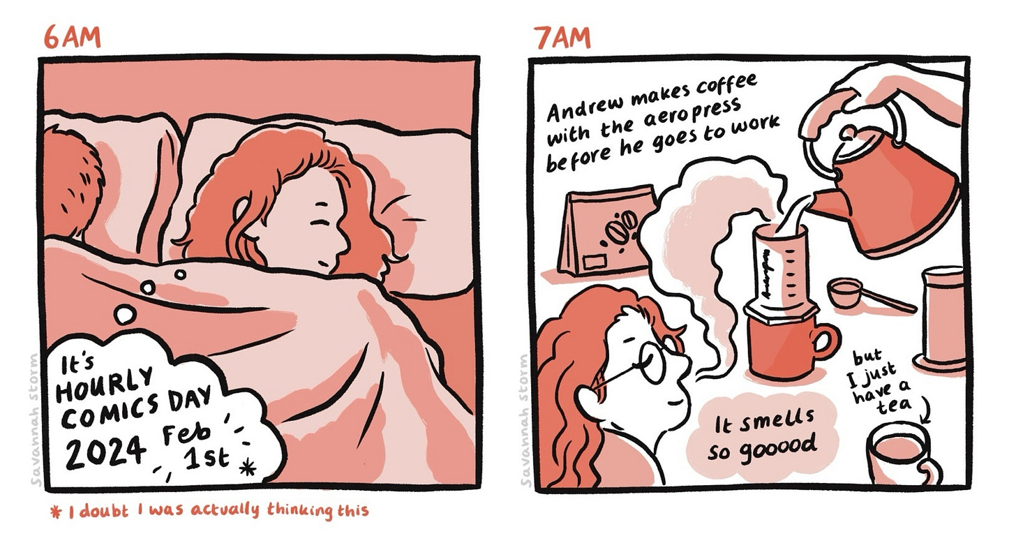 Illustrated comic panel from Hourly Comics Day 2024, at 6am I was asleep, and at 7am I was making a morning cup of coffee.