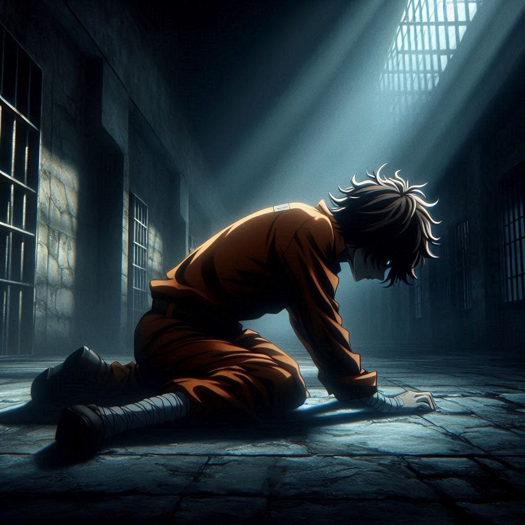 a young man in a orange jumpsuit and brown hair going crazy crawling on the ground alone in a prison cell with no windows. anime art style. dark. horror.