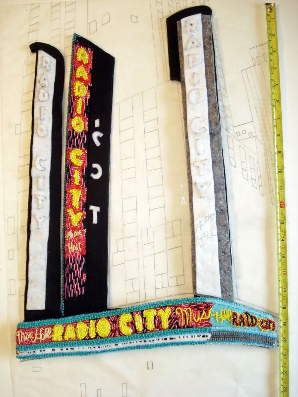 beaded Radio City Music Hall mixed media painting NYC taxi pink beadwork city lights beaded Radio City Music Hall mixed media painting NYC taxi pink beadwork city lights