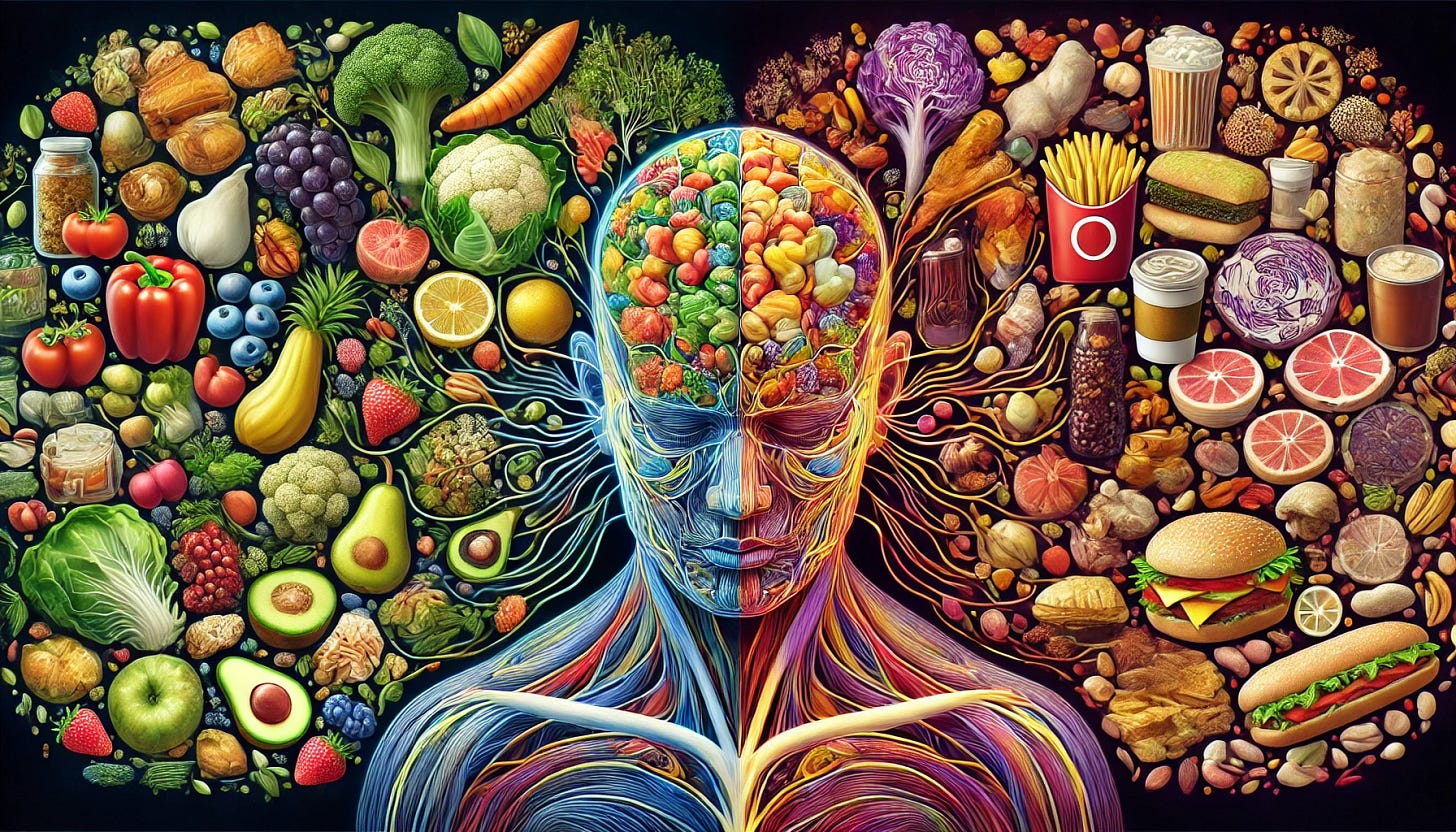 A detailed conceptual artwork titled 'How the Food We Eat Affects Our Brain and Body.' The image depicts a split composition. On the left, vibrant and healthy foods like fruits, vegetables, nuts, and grains are illustrated in vivid colors, with their nutrients visually traveling through a human body, lighting up areas of the brain and muscles, symbolizing positive effects like energy, focus, and strength. On the right, processed and unhealthy foods like sugary snacks, fast food, and sodas are shown in muted, darker tones, with their effects visualized as sluggishness, clouded thoughts, and physical fatigue. The central figure is a transparent human silhouette showing the pathways of these foods, with a dynamic, thought-provoking visual balance of health and impact.