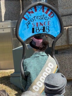 From top left: a woman dressed as a sufragette with an upside-down American flag on her hat holds a sign that reads "Unpaid Protester since 1848." A shot of a huge crowd under a bare tree. Two protesters hold signs reading "Time for Some Pretti Good Trouble" and "Health Care For all = Freedom." Another shot of a huge crowd.