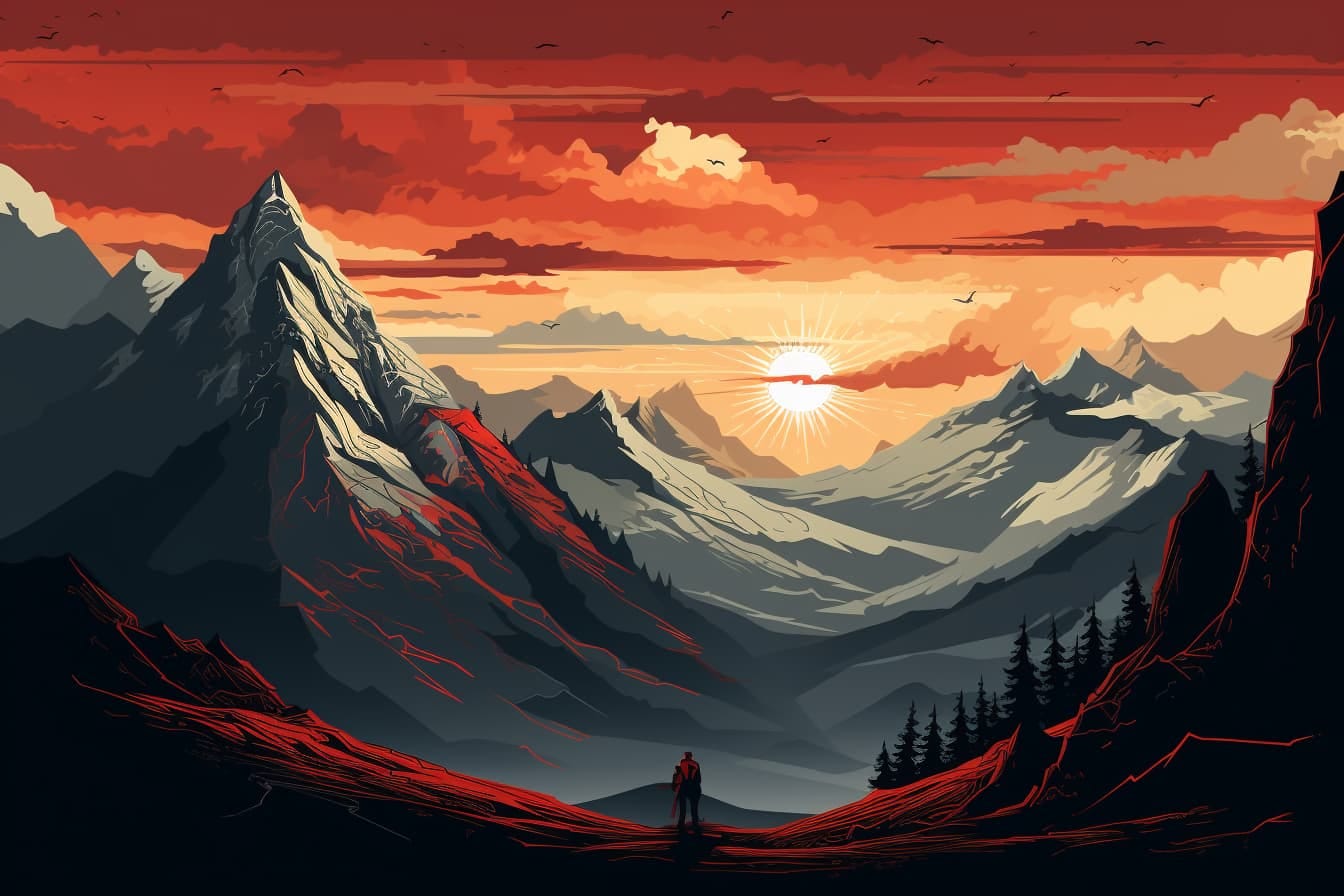 A man staring at a mountain landscape in the background, graphic novel illustration