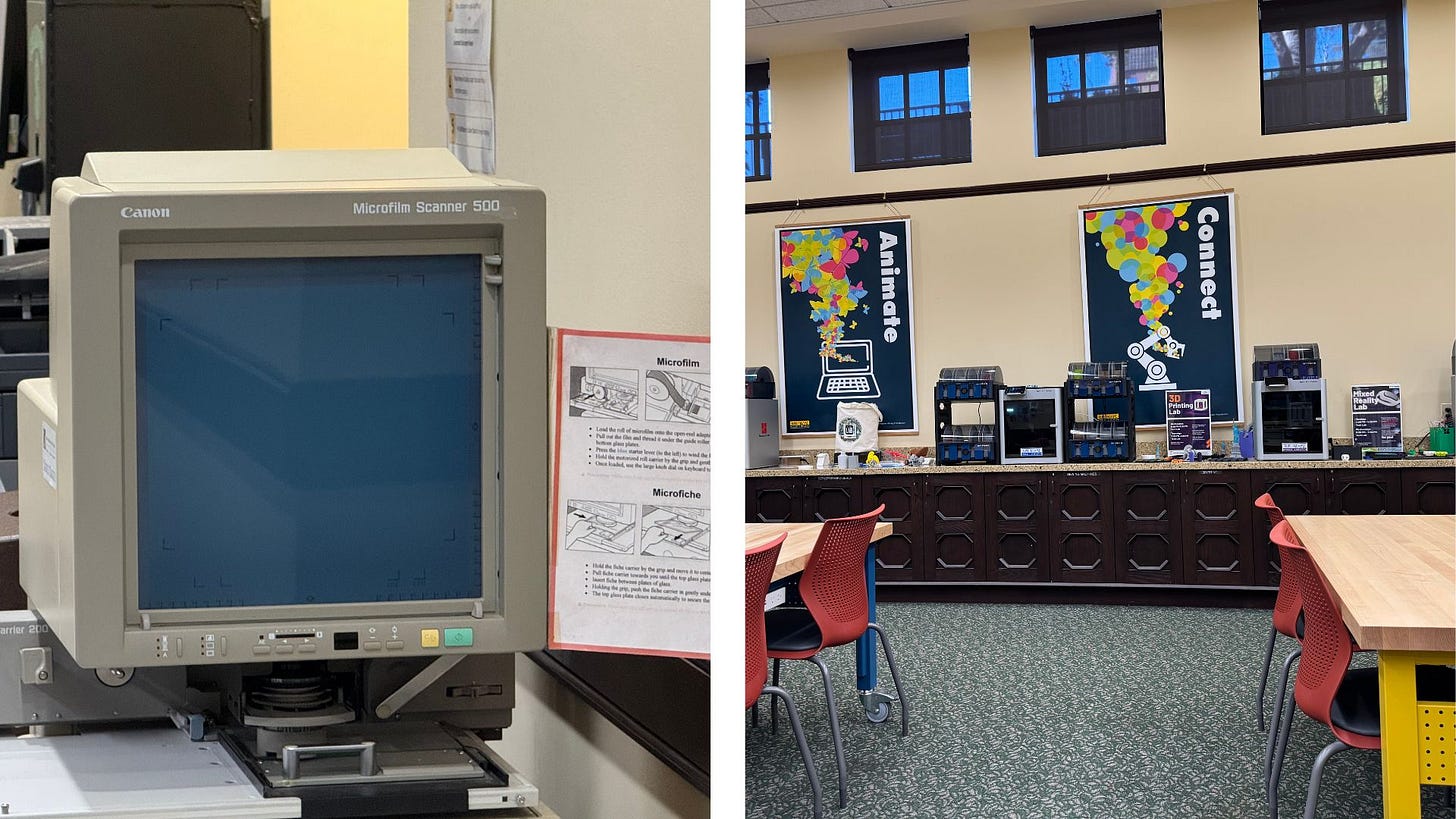 Left picture: a microfiche machine, Right picture: a room filled with 3D printers.