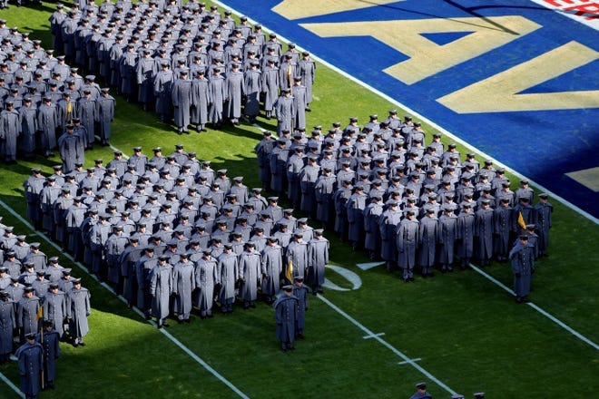 Marching onto the field before the game.