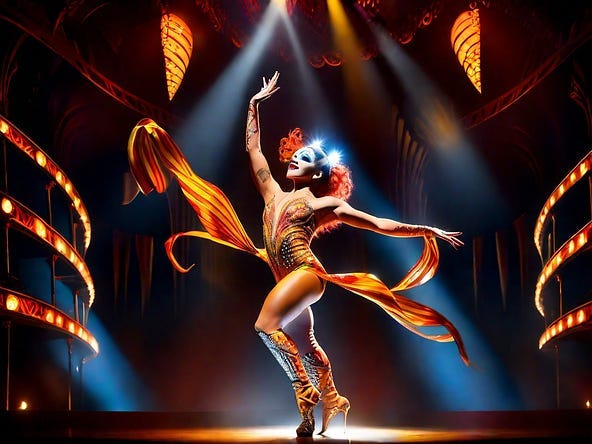 The dancer from Cirque Du Soleil Kurious is depicted by the author in Leonardo AI Elements. Beautiful and elegant full body pose.