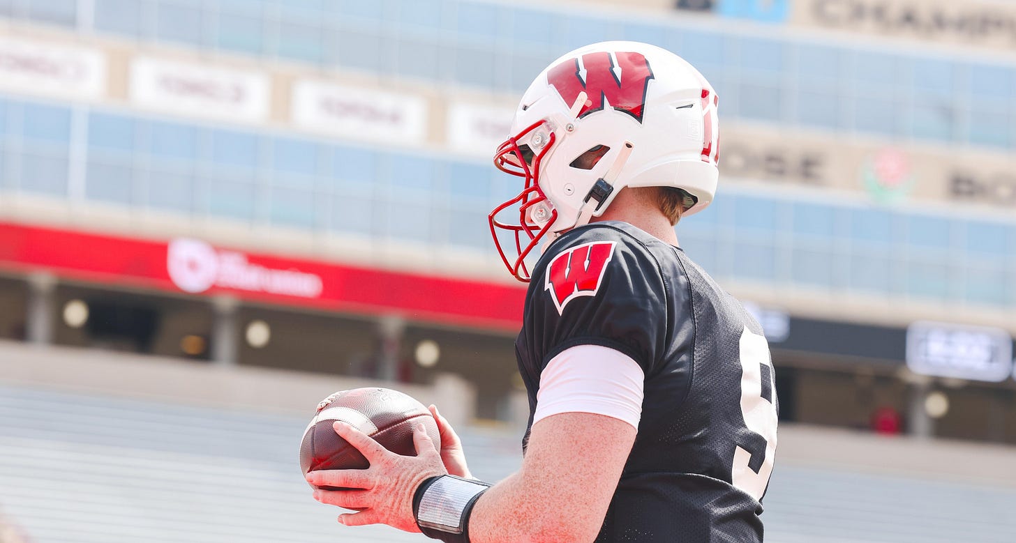 Wisconsin Badgers QB Billy Edwards Jr. warms up on the field for the football team's Spring Showcase