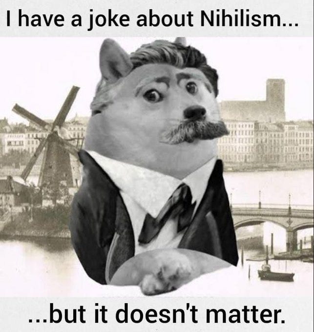An anthropomorphic Shiba Inu dog with a mustache and hairstyle resembling Friedrich Nietzsche wears a formal suit and tie, standing with paws raised in a surprised gesture against a sepia-toned historical European cityscape background featuring a windmill, river, bridge, and buildings.