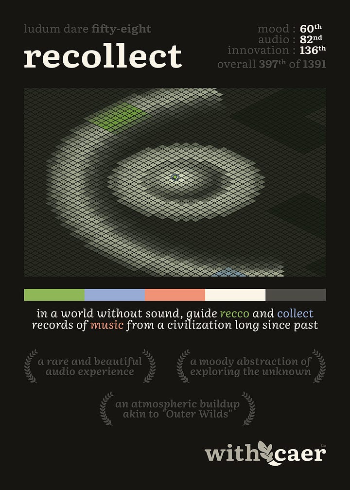 Posters featuring the games "Layered" and "Recollect" created by Caer throughout 2025.