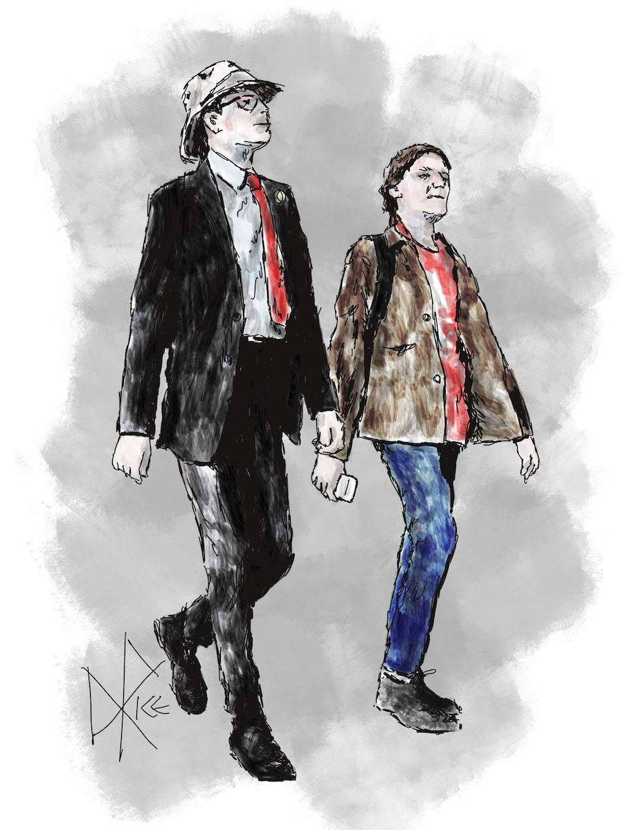 Two people walking on the sidewalk. The man wears a sunhat and suit. The woman is casually dressed and carries her phone. Sketch art by Don Rice. Two people walking on the sidewalk. The man wears a sunhat and suit. The woman is casually dressed and carries her phone. Sketch art by Don Rice.