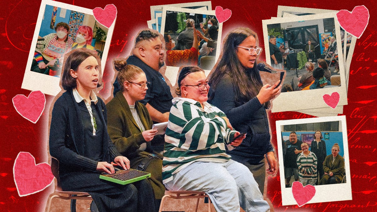 A collage image of young people reading poetry, surrounded by polaroid photos and hearts.