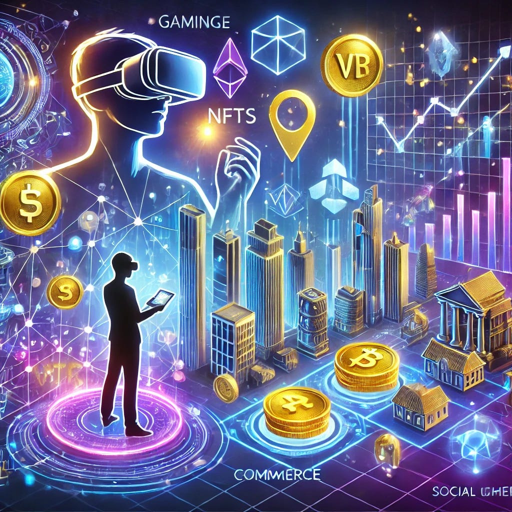 A professional and vibrant illustration representing the concept of the 'Metaverse Economy,' where virtual worlds intersect with real-world financial opportunities. One image features a person wearing VR glasses interacting with digital symbols like coins, NFTs, virtual real estate, and stock market graphs, all emerging from a virtual cityscape. The second image showcases interconnected virtual spaces with pathways labeled 'Gaming,' 'Commerce,' and 'Social Interaction,' highlighting the economic activities within the metaverse. Use a futuristic and modern design with neon accents of blue, purple, and gold to evoke innovation and digital wealth.