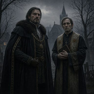 Burgomaster Lazlo Ulrich and Brother Grigor in life, Barovian Gothic style, somber 17th‑century village attire, Lazlo as a stern middle‑aged man with weathered features and heavy cloak, Grigor as a gaunt priest of the Morninglord with worn vestments and haunted eyes, misty Berez backdrop